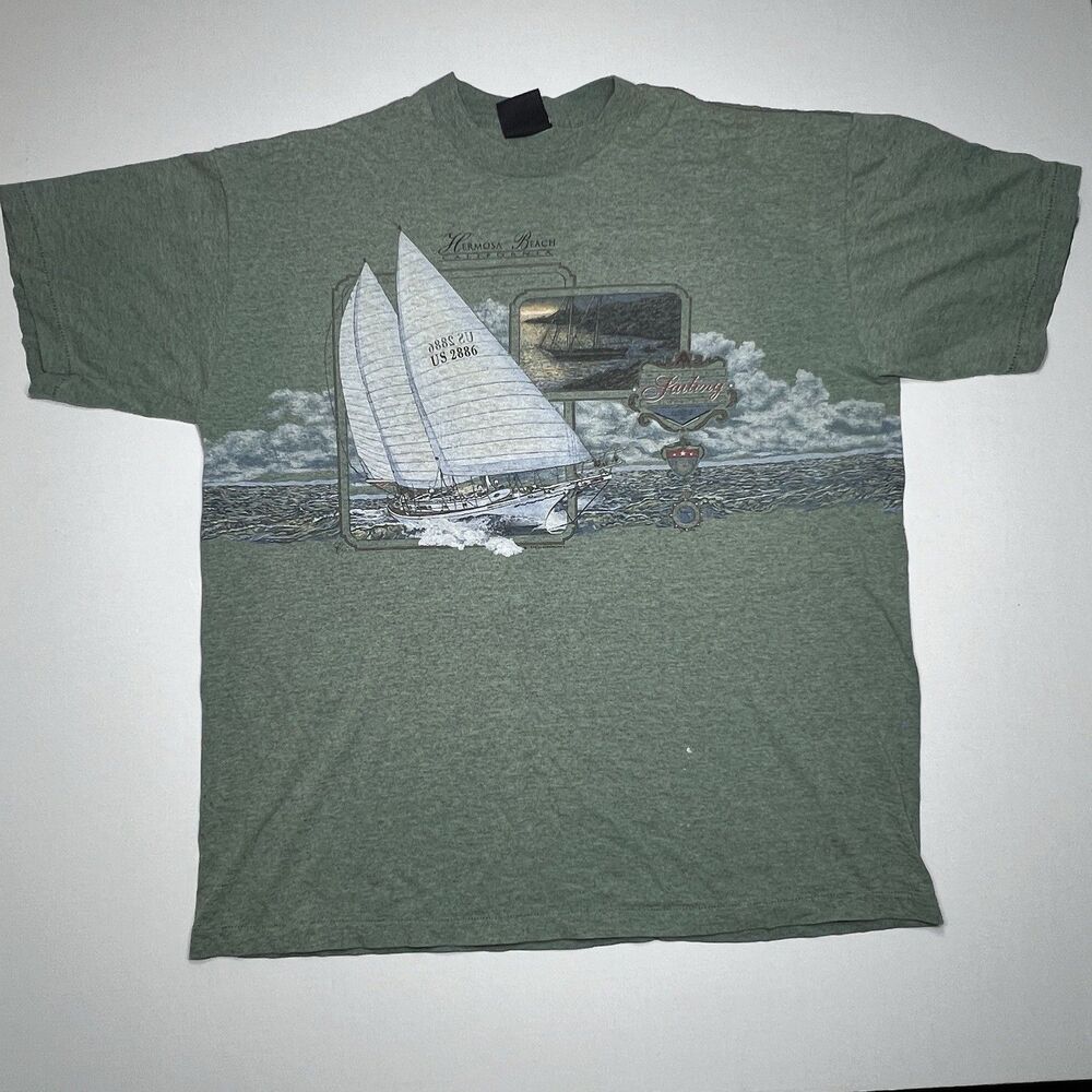 Vintage Hermosa Beach California Sailboat T Shirt Mens Large Green 90s Graphic